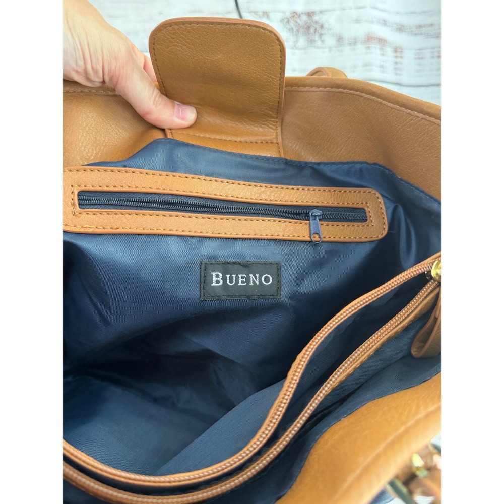Bueno Navy Blue Cognac Brown Pebbled Vegan Leather Triple Compartment Tote Bag - Picture 5 of 7
